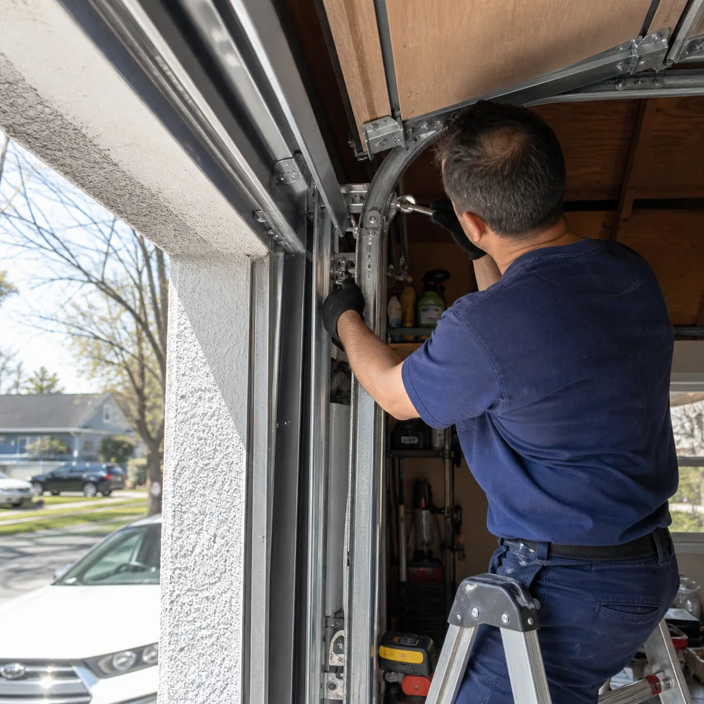 Technician performing professional garage door cable repair and maintenance