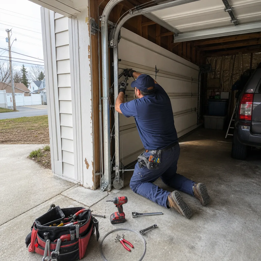 Technician performing professional garage door cable repair with tools