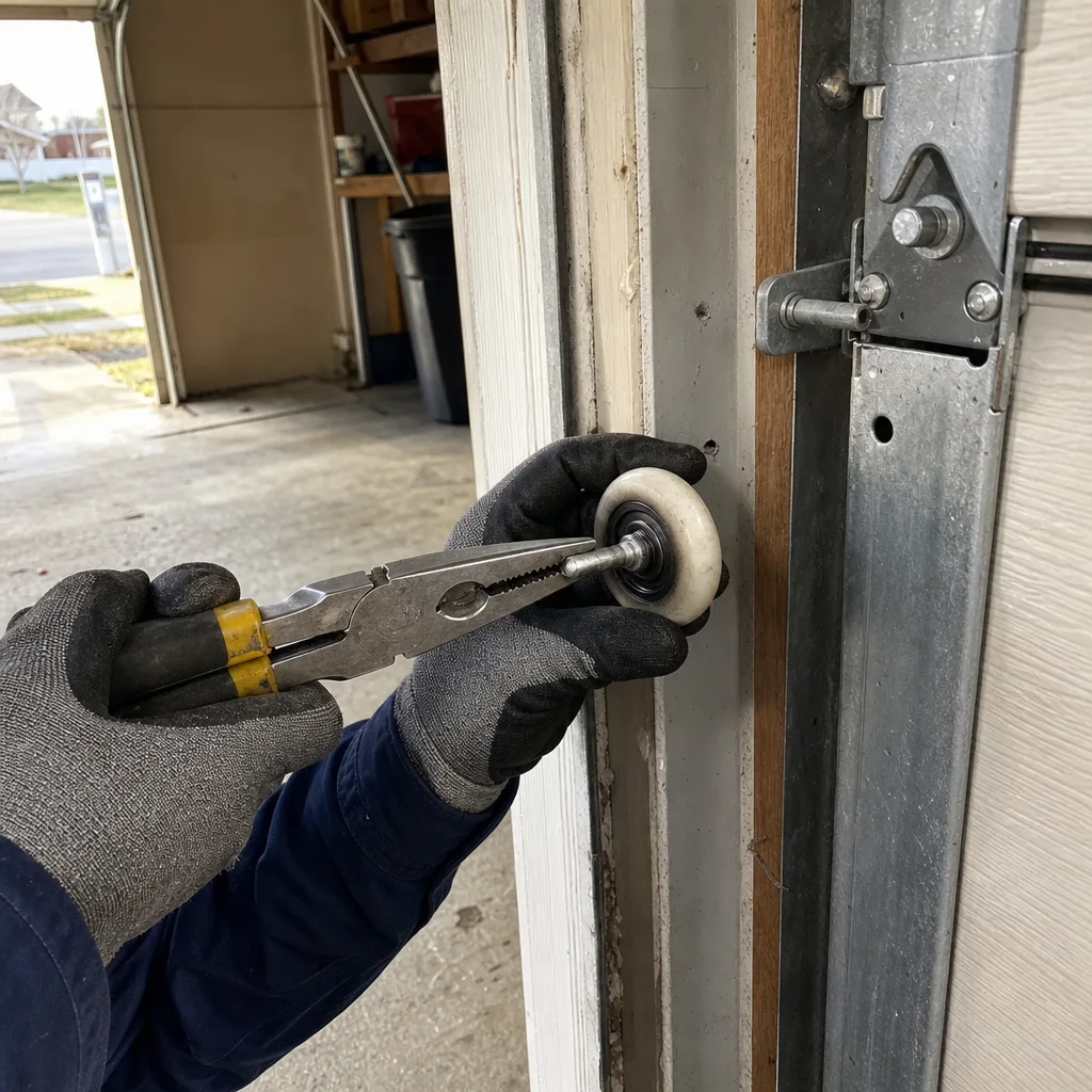 Technician using pliers to perform professional garage door roller repair