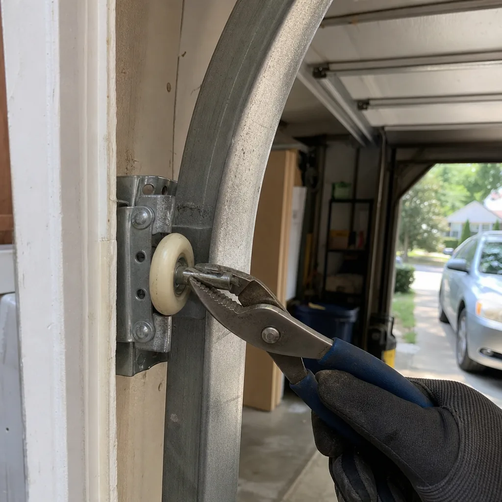 Technician using pliers to perform garage door roller repair and maintenance