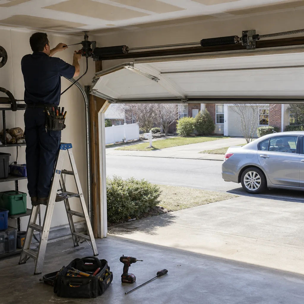 Professional technician repairing garage door springs and hardware